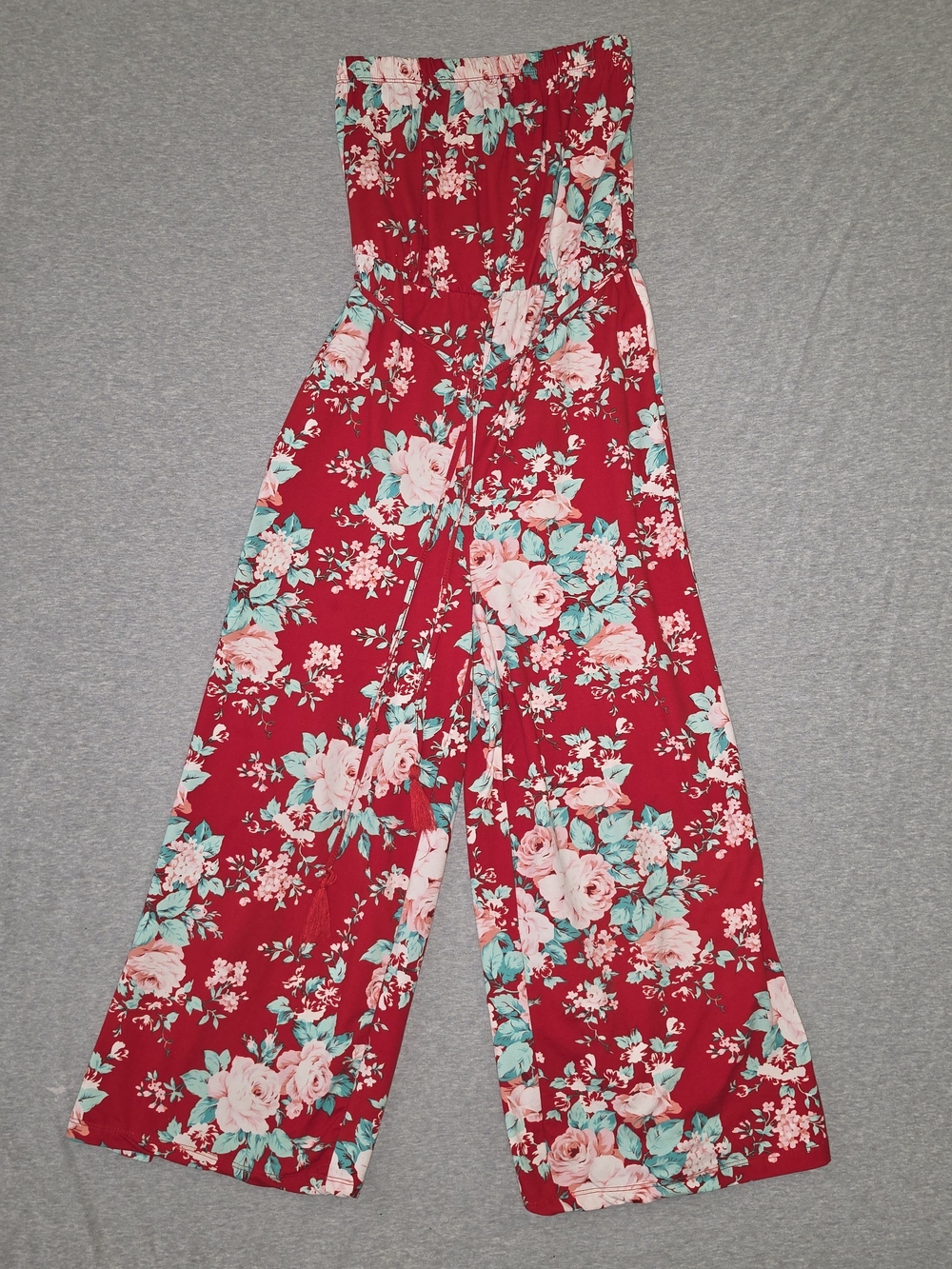 Streetwear Society Red Floral Strapless Wide Leg Jumpsuit with Mint Accents